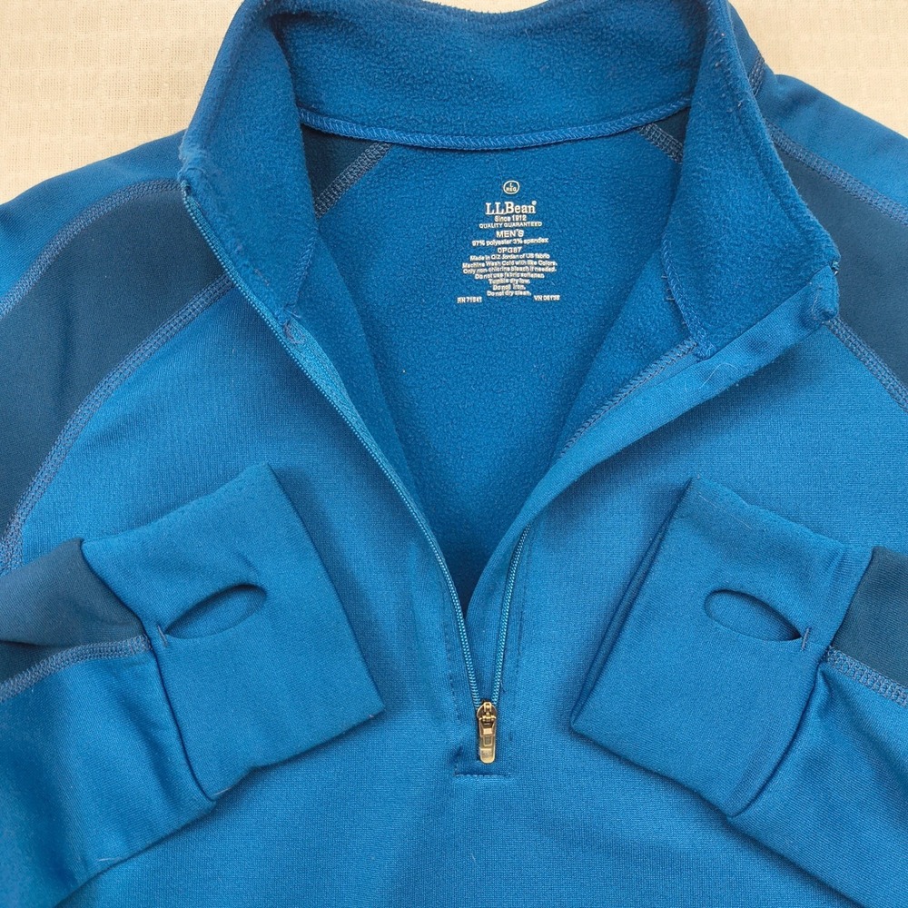 LL Bean Mens Large Blue 1/4 Zip Pullover Fleece OPG87 Activewear Thumbholes L